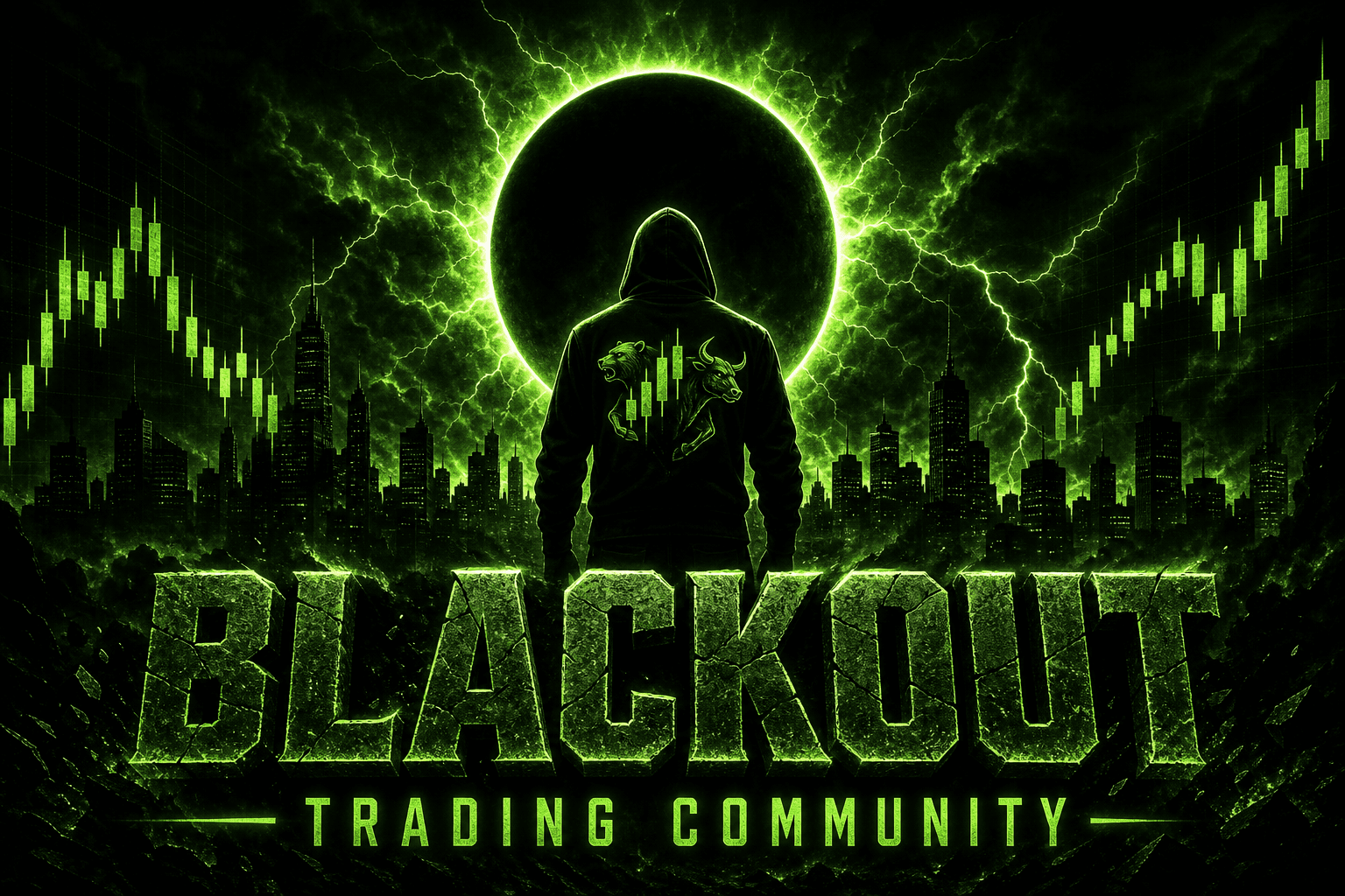 BlackOut Trading Community — eclipse over city skyline with live charts